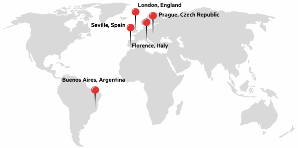 Map of the world that includes destinations for verto programs